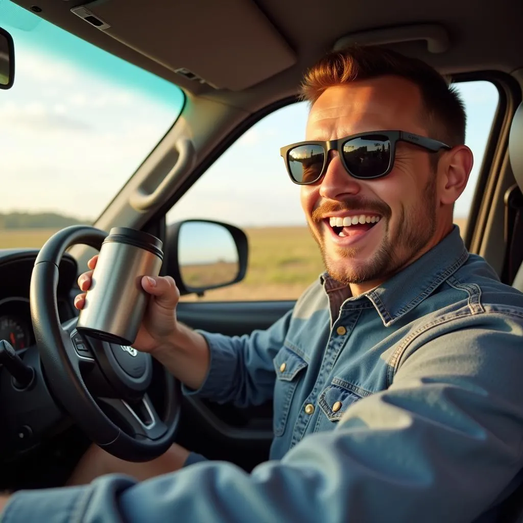 Dad Embracing Road Trip with Received Gifts