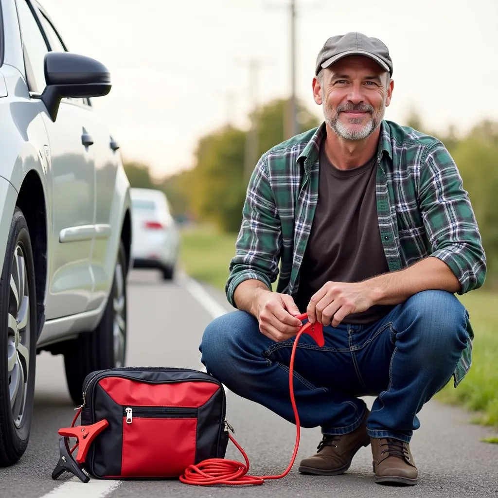 Dad Utilizing Car Emergency Kit