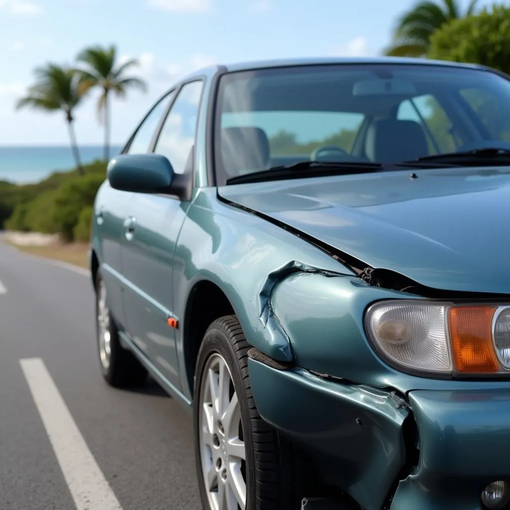 Car with a dented fender after an accident