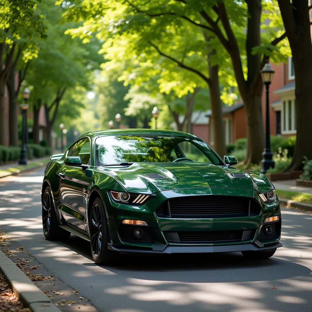 Dark Forest Green Car Parked on a Tree-lined Street