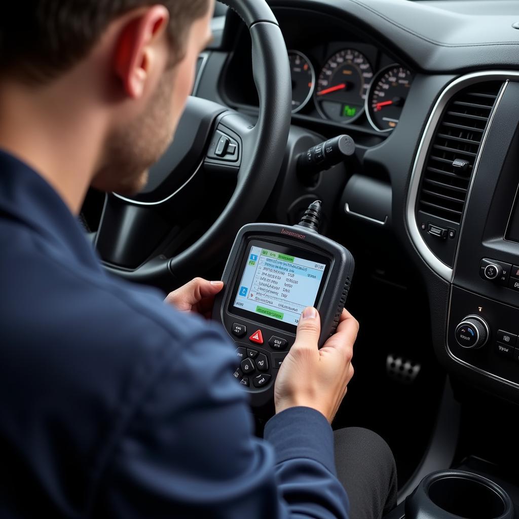 A dealer scanner being used to diagnose a vehicle