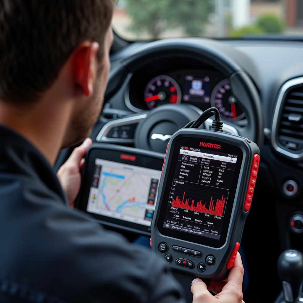 A mechanic using a dealer scanner on a European car