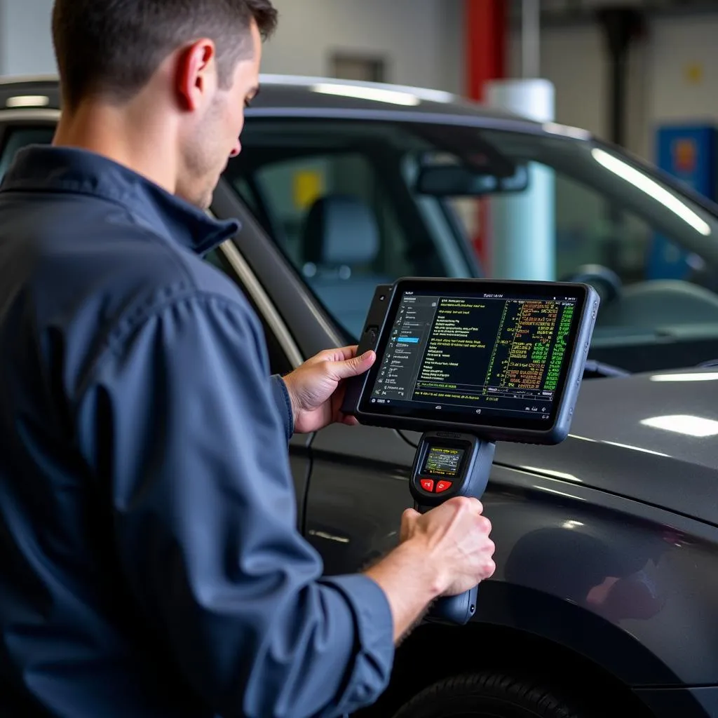 A mechanic using a dealer scanner to diagnose a European car