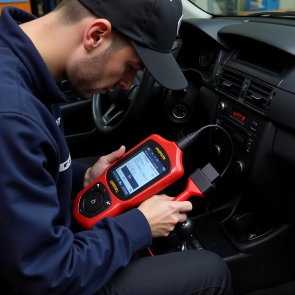 A mechanic connecting a dealer scanner to the OBD-II port of a European car