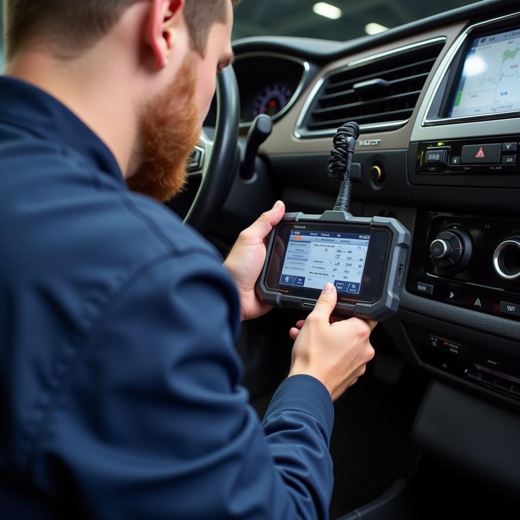 A mechanic using a dealer scanner to diagnose a European car