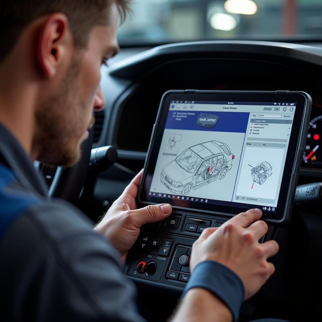 A technician using a dealer scanner to repair a vehicle