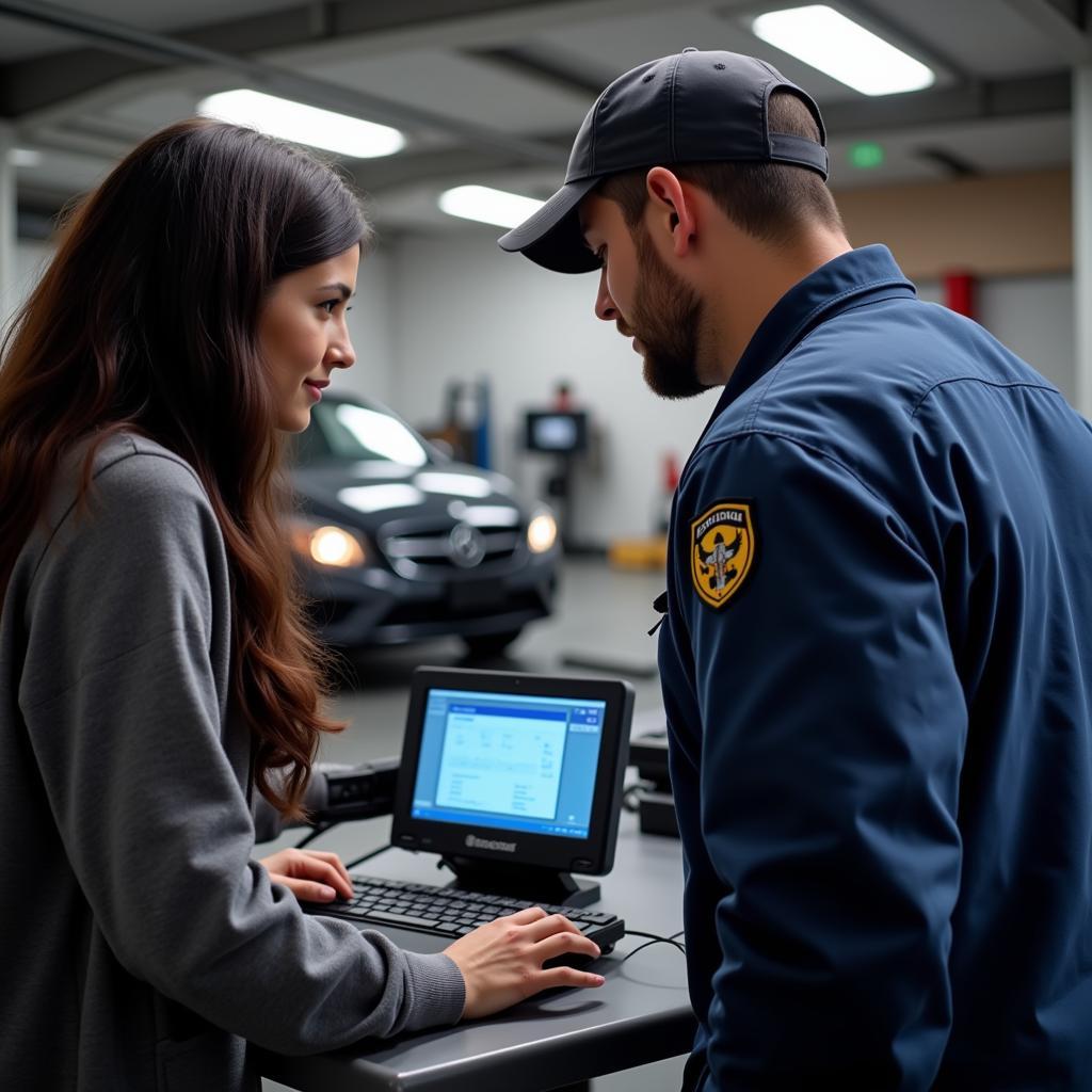 A customer looking at the results of a diagnostic scan with a mechanic