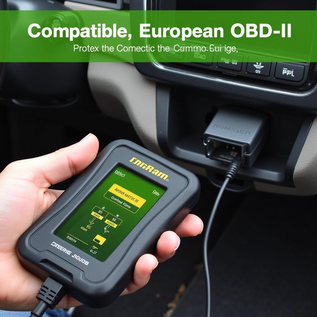 Deere OBD Deanna scanner connected to a European car's OBD-II port