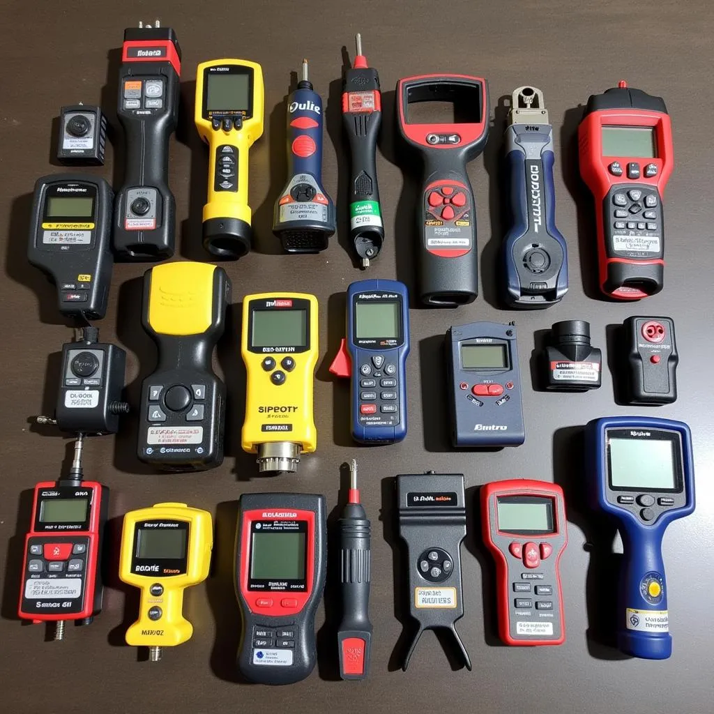 Various cansniffer OBD tools displayed on a workbench