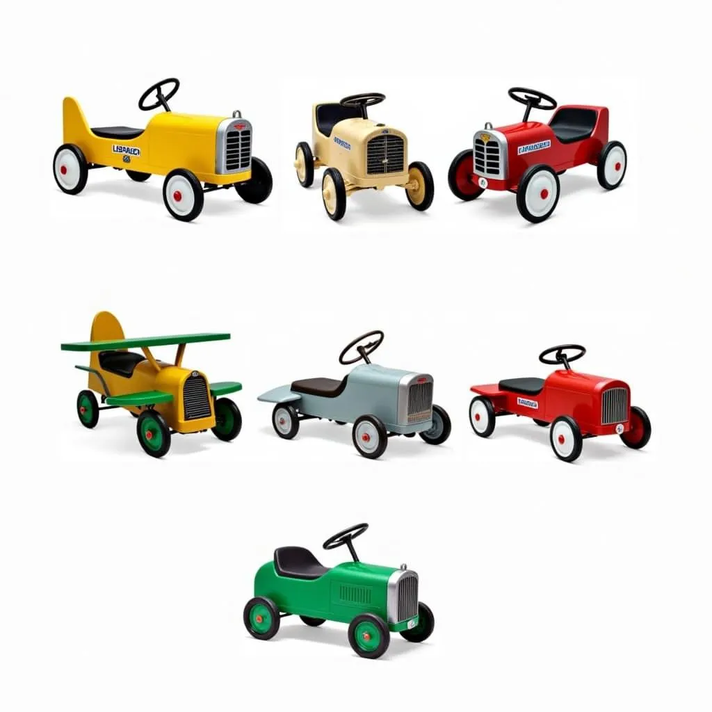 A lineup of various pursuit plane pedal cars showcasing different styles and colors