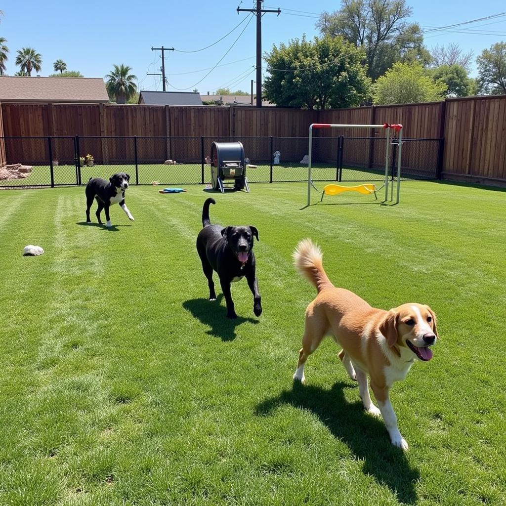 Happy dogs playing in a fenced-in yard