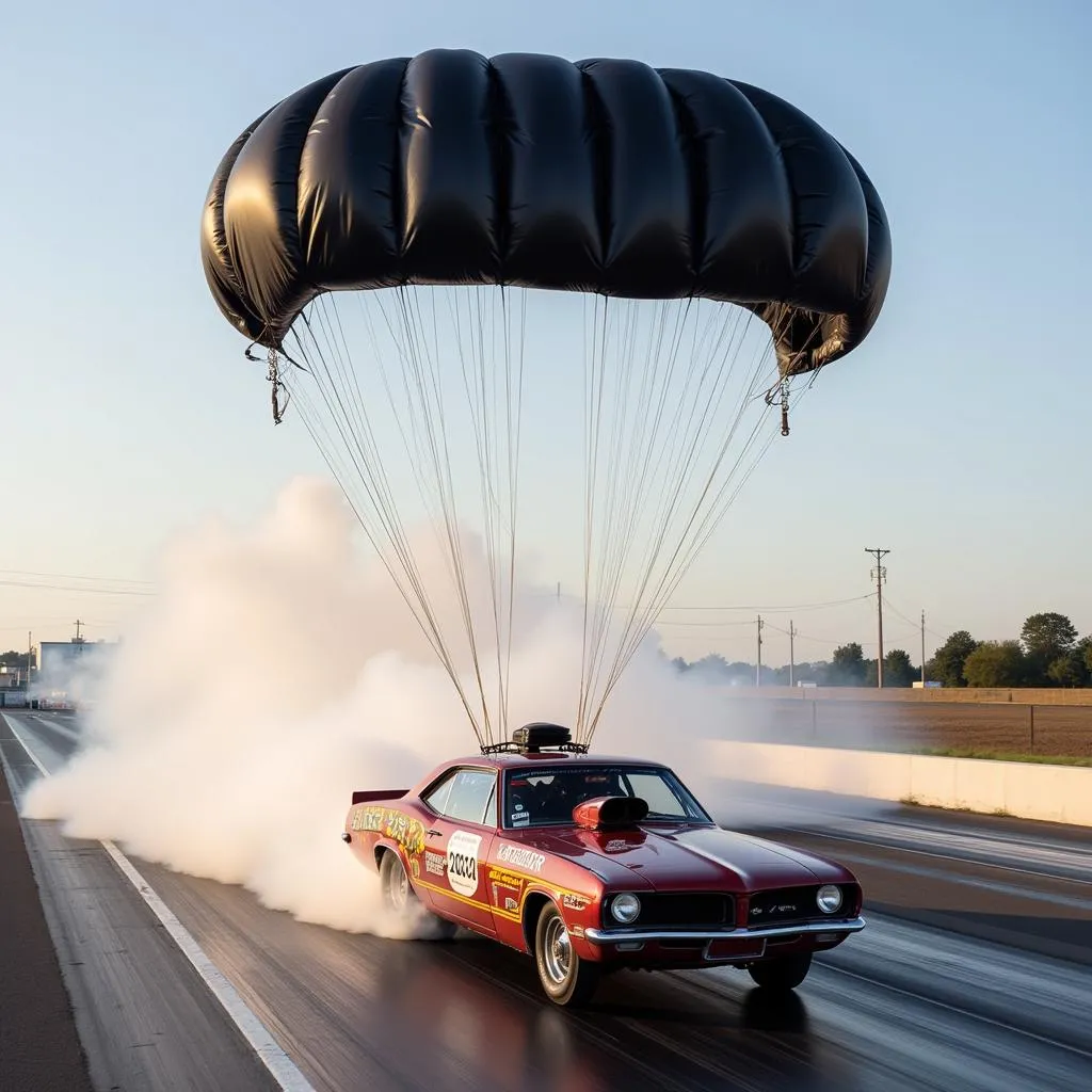 Drag car deploying parachute at high speed