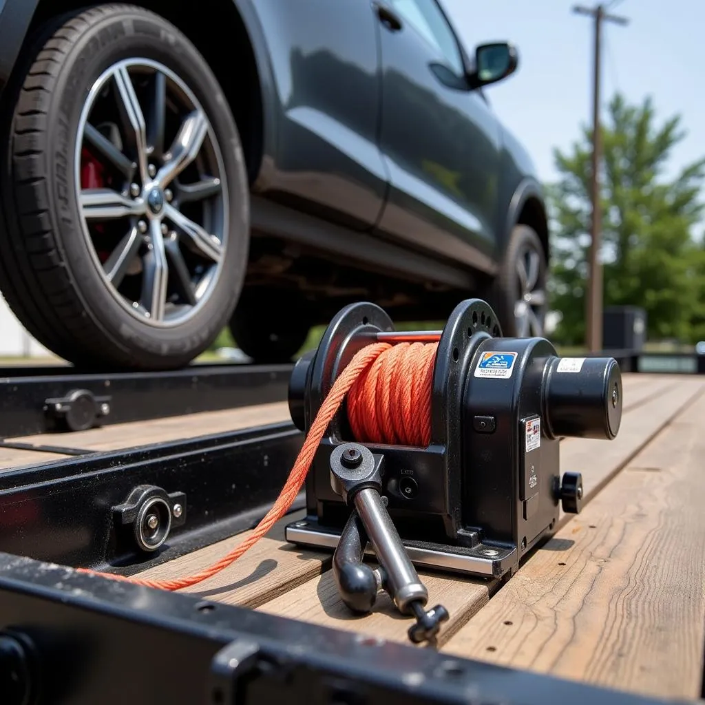 Car trailer with electric winch in action