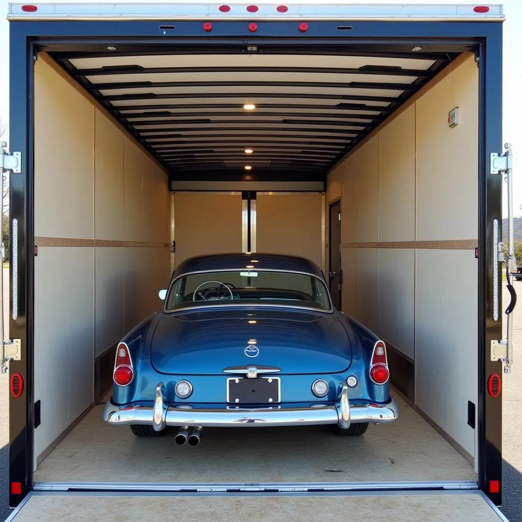 Inside view of an enclosed car hauler with a classic car