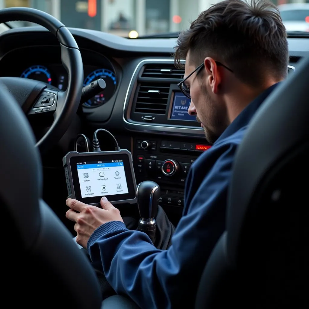 Mechanic Using Diagnostic Scanner on European Car