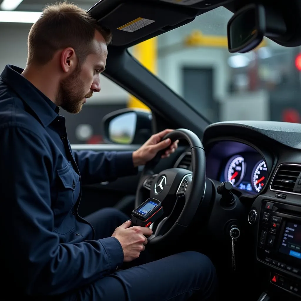 Mechanic using a diagnostic scanner on a European car