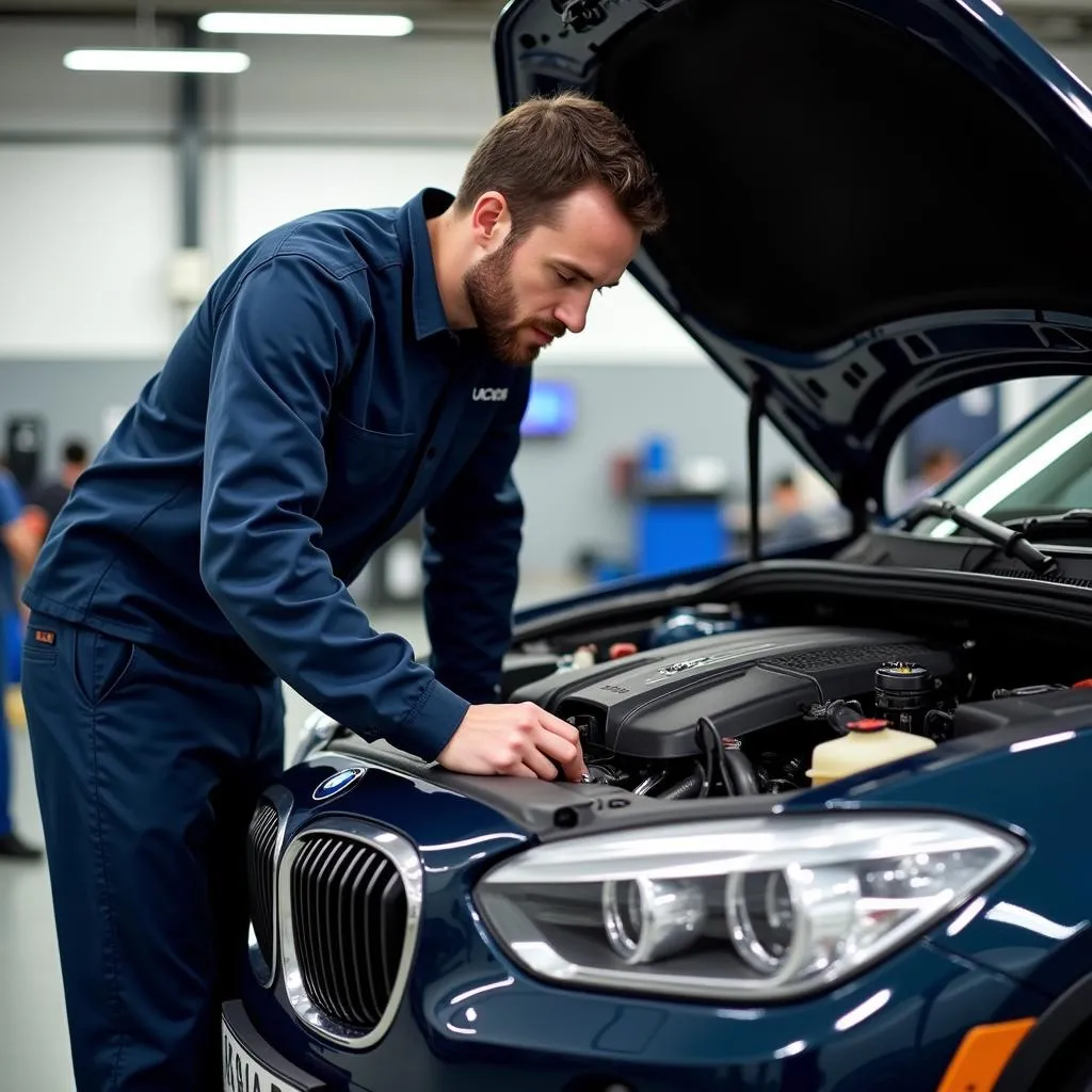 Mechanic performing a routine check-up on a European car.