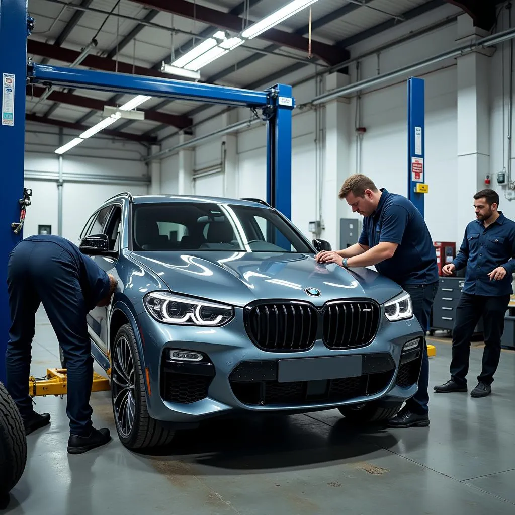 Modern European Car Undergoing a Thorough Post-Accident Inspection on a Lift