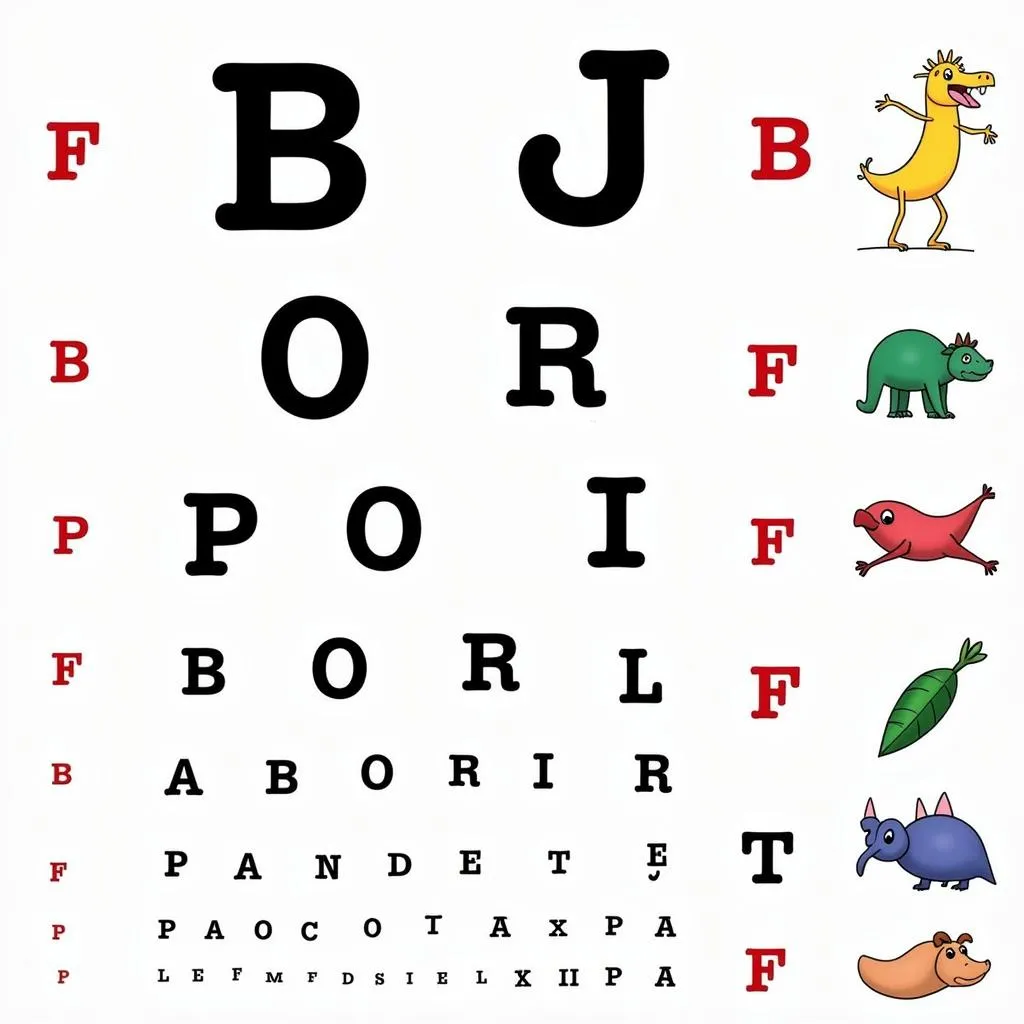 Children's eye chart with letters and pictures