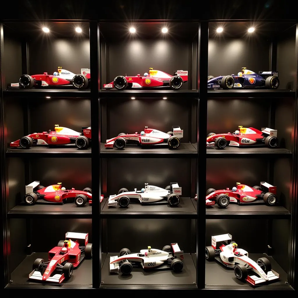 F1 car model in display case with lighting