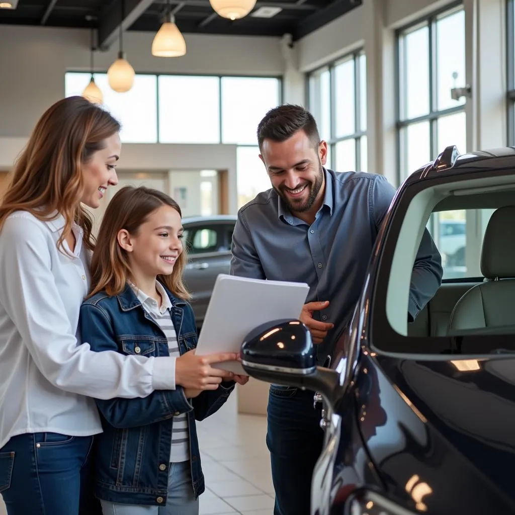 A family looking at a car with a salesperson at a dealership in El Salvador