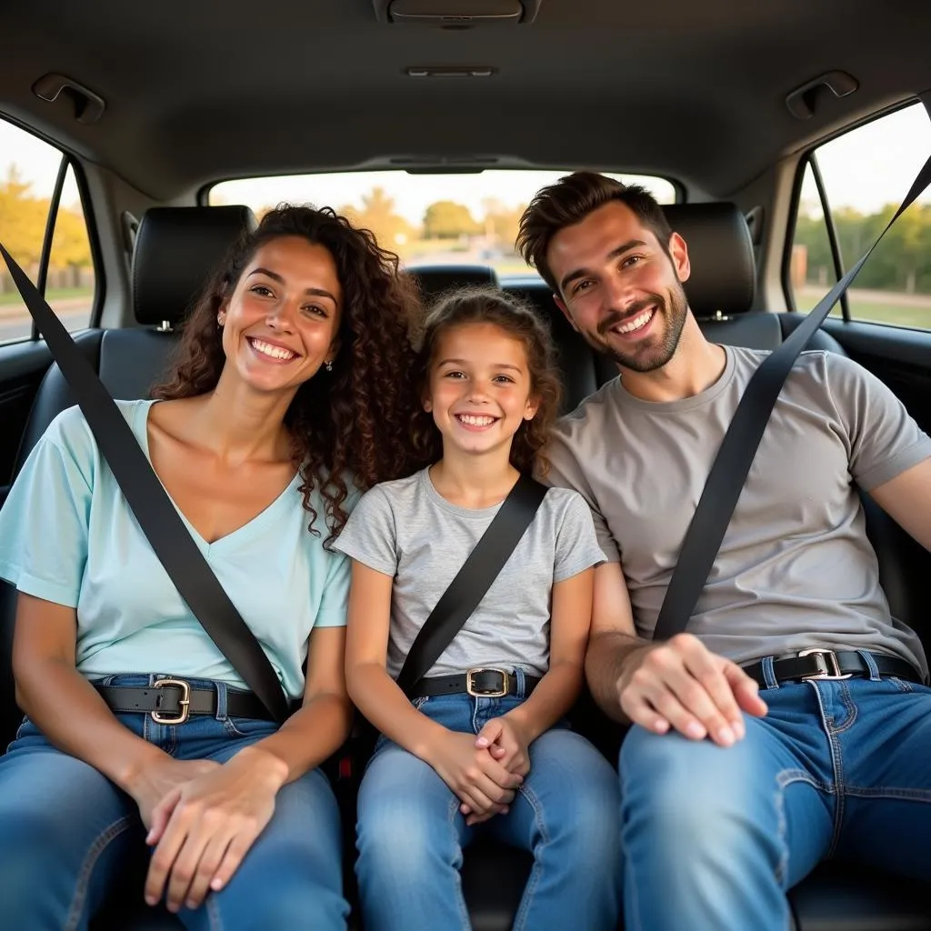 A family smiling in a car, everyone wearing seatbelts