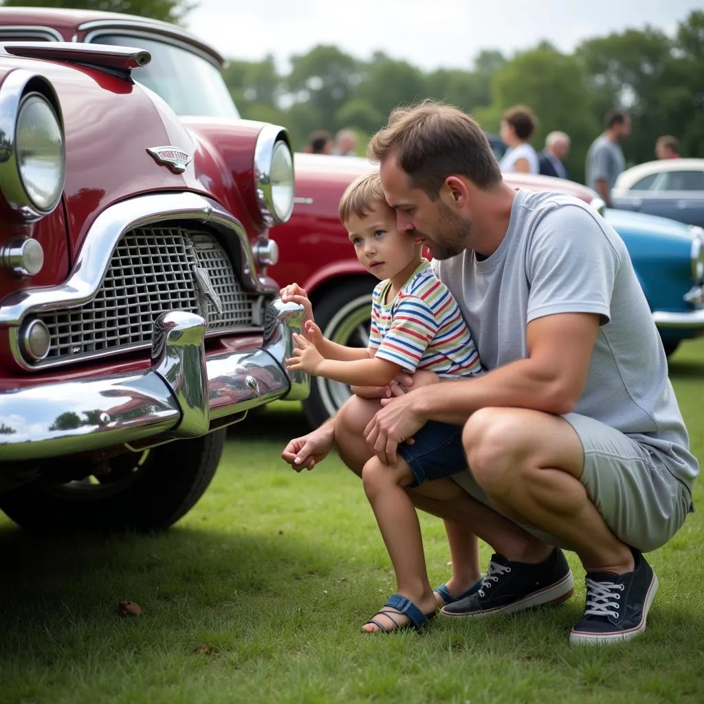 Father and Son Admiring a Vintage Car at a Car Show