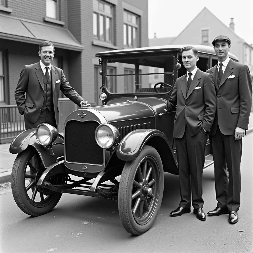 Graham brothers posing with their first Graham-Paige automobile