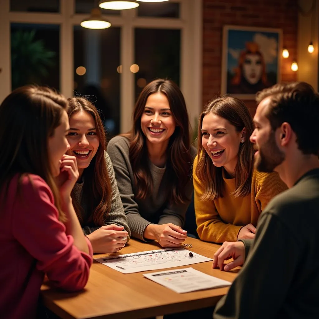 Friends gathered around a table, laughing and playing a car trivia game