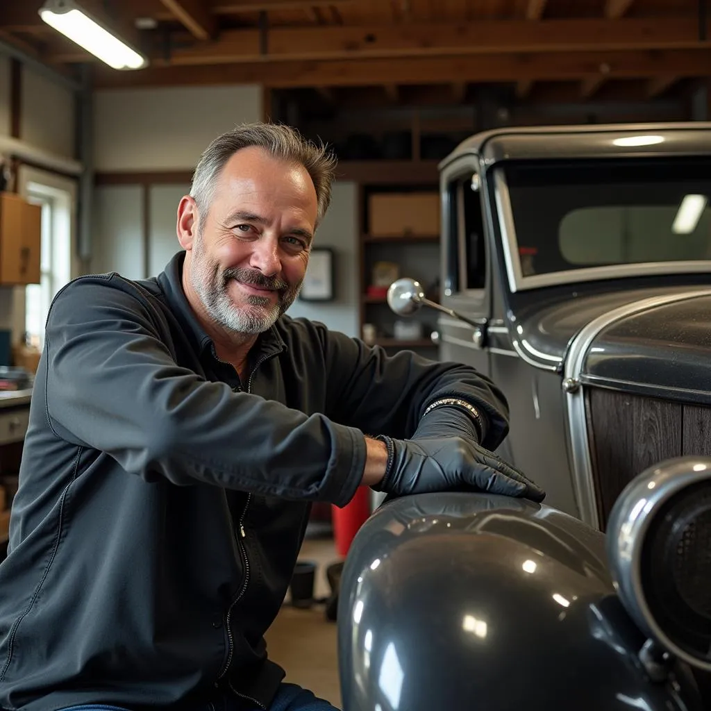 Happy car owner working on their restored classic car