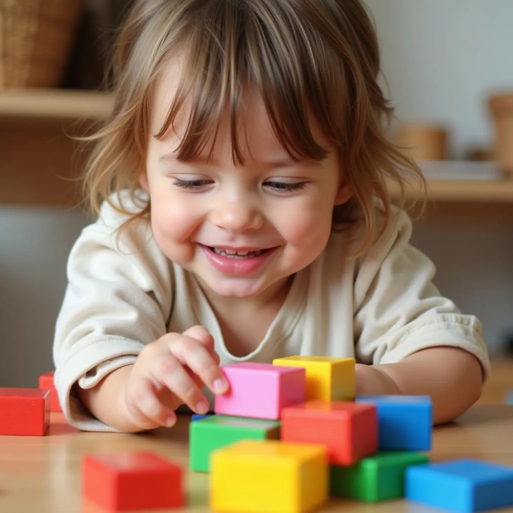 Child smiling and playing with blocks