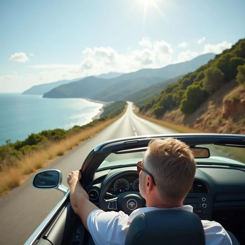 Smiling driver on a scenic road trip