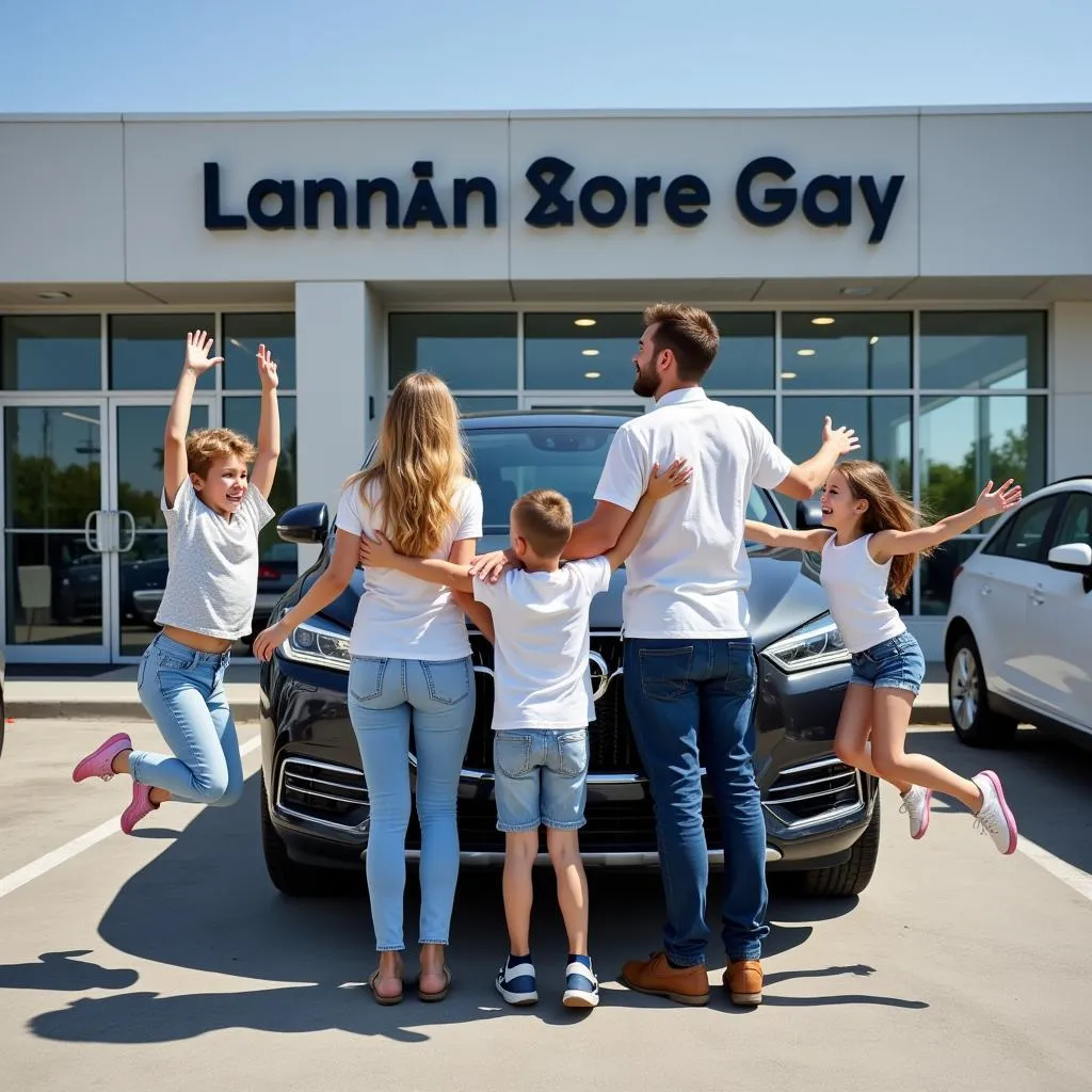 A family standing in front of their new car at the dealership, smiling and excited