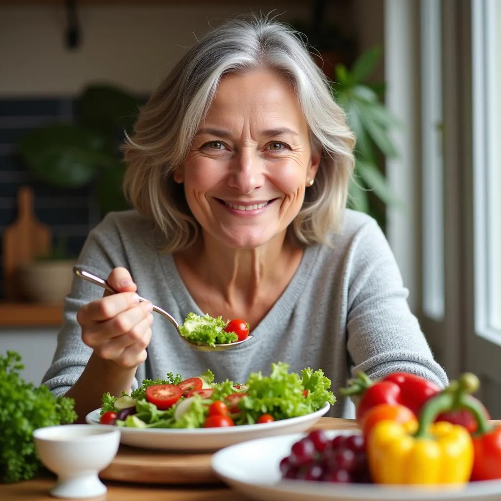 Senior woman enjoying a healthy meal and smiling.