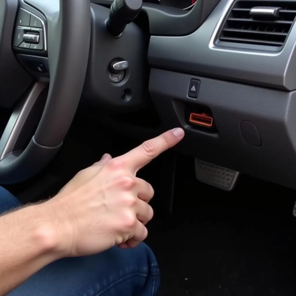 Mechanic locating the OBD port under the dashboard of a Hyundai Sonata