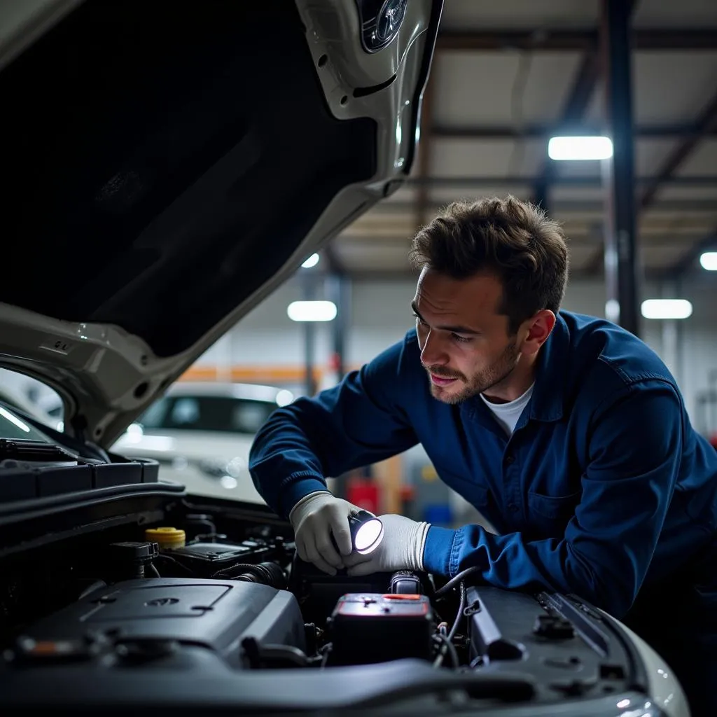 Mechanic Inspecting a Used Ford Engine