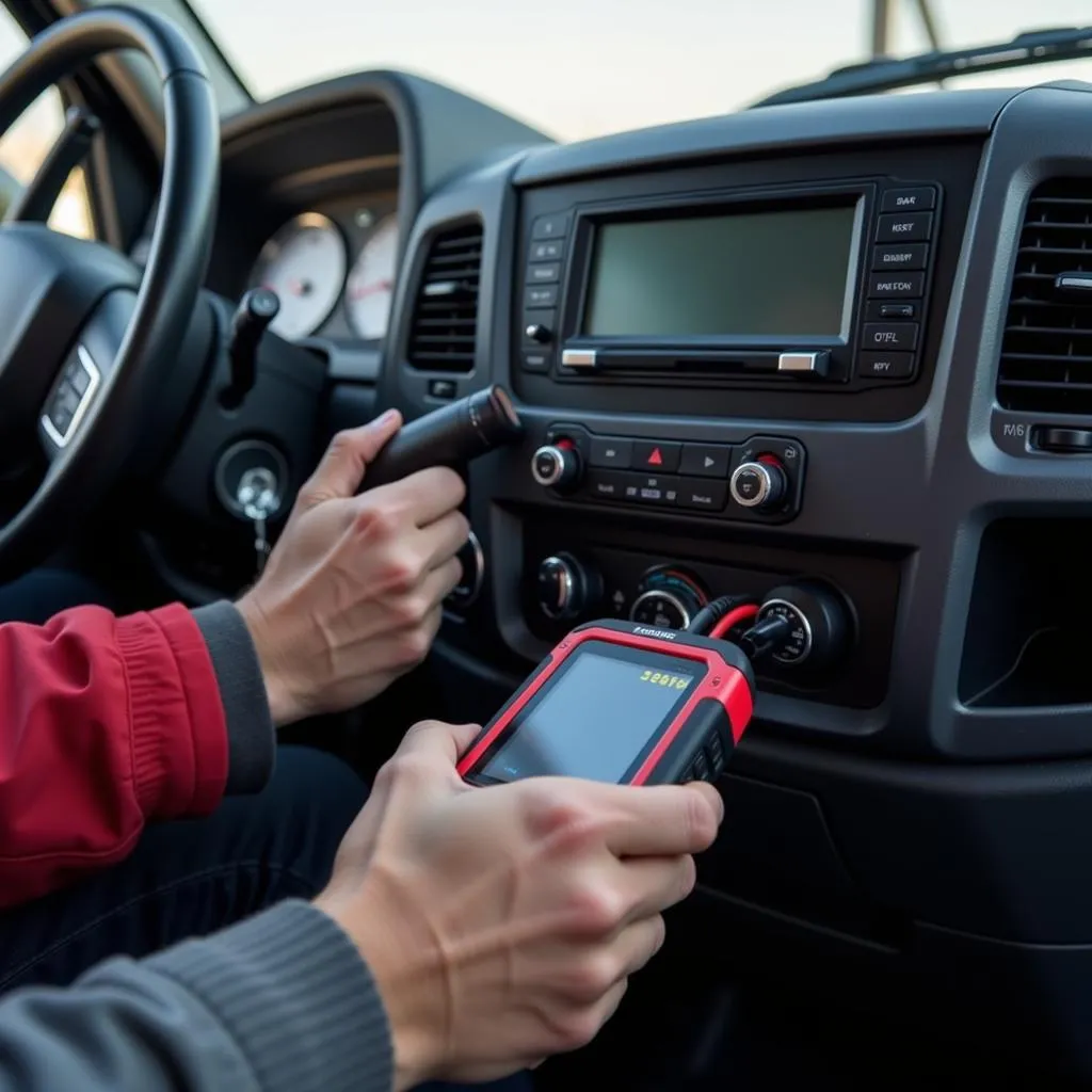 J1939 OBD Code Reader Connected to a Truck's Diagnostic Port