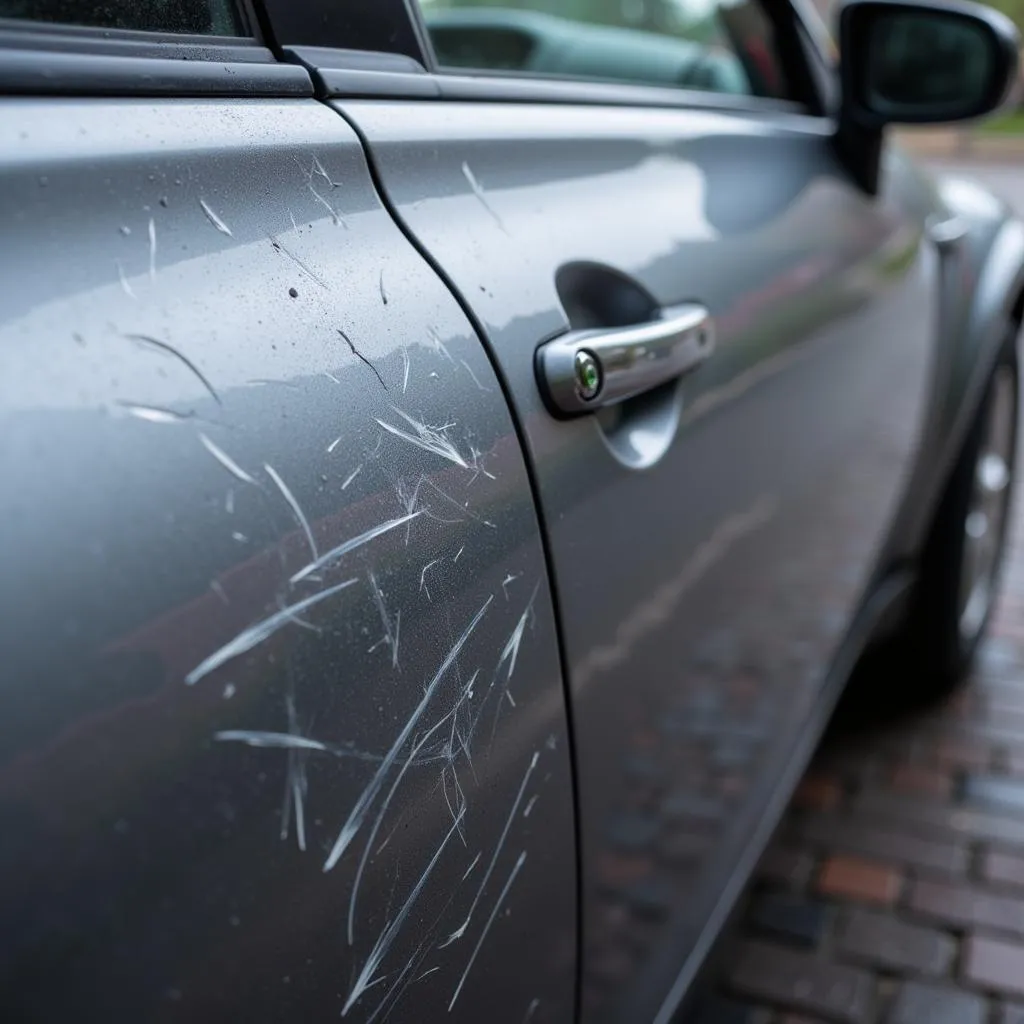 Close up image of keyed car damage