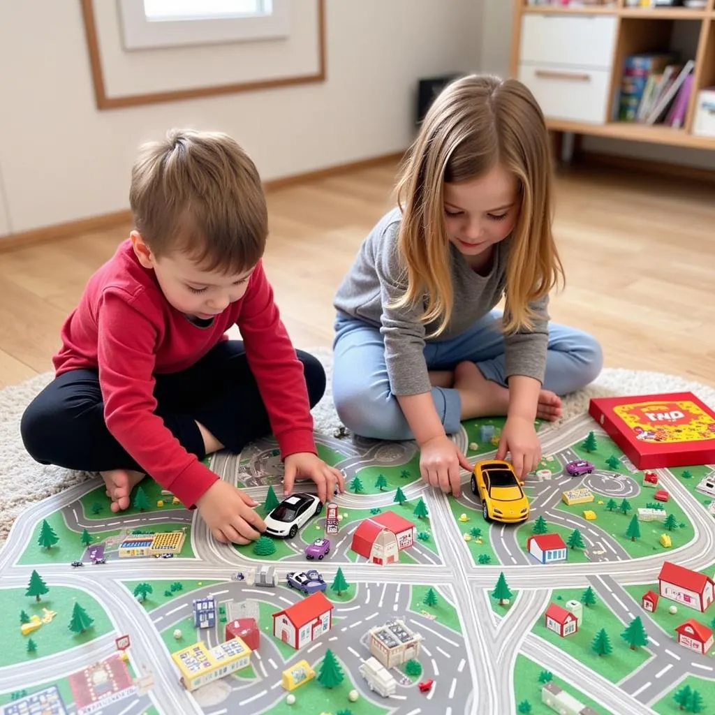 Children playing with toy cars from an advent calendar on a play mat.