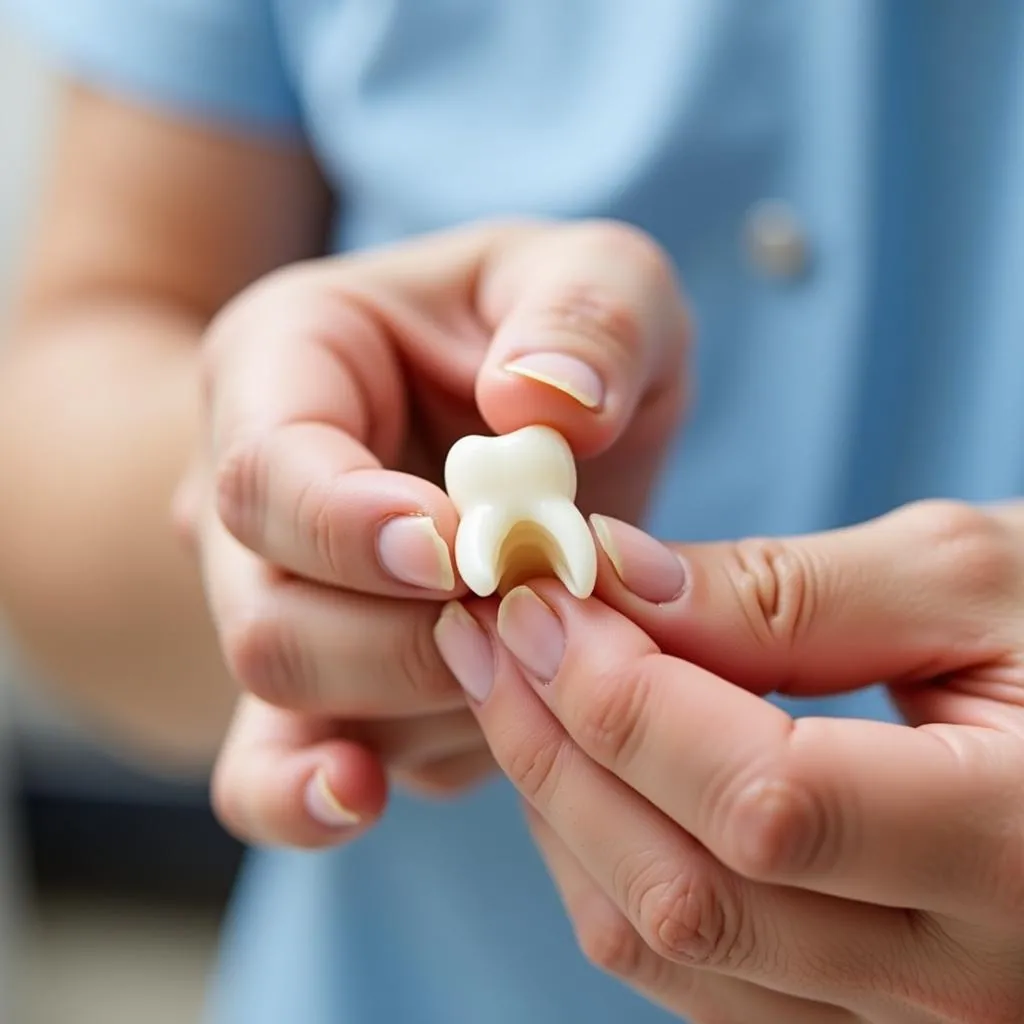 A woman holding a knocked-out tooth in a plastic bag