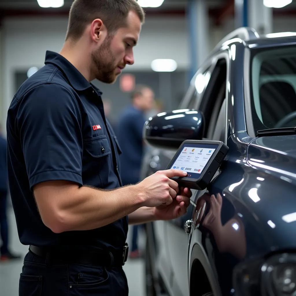 A mechanic using the KTAG KTAG OBD ECU programming tool master version on a car