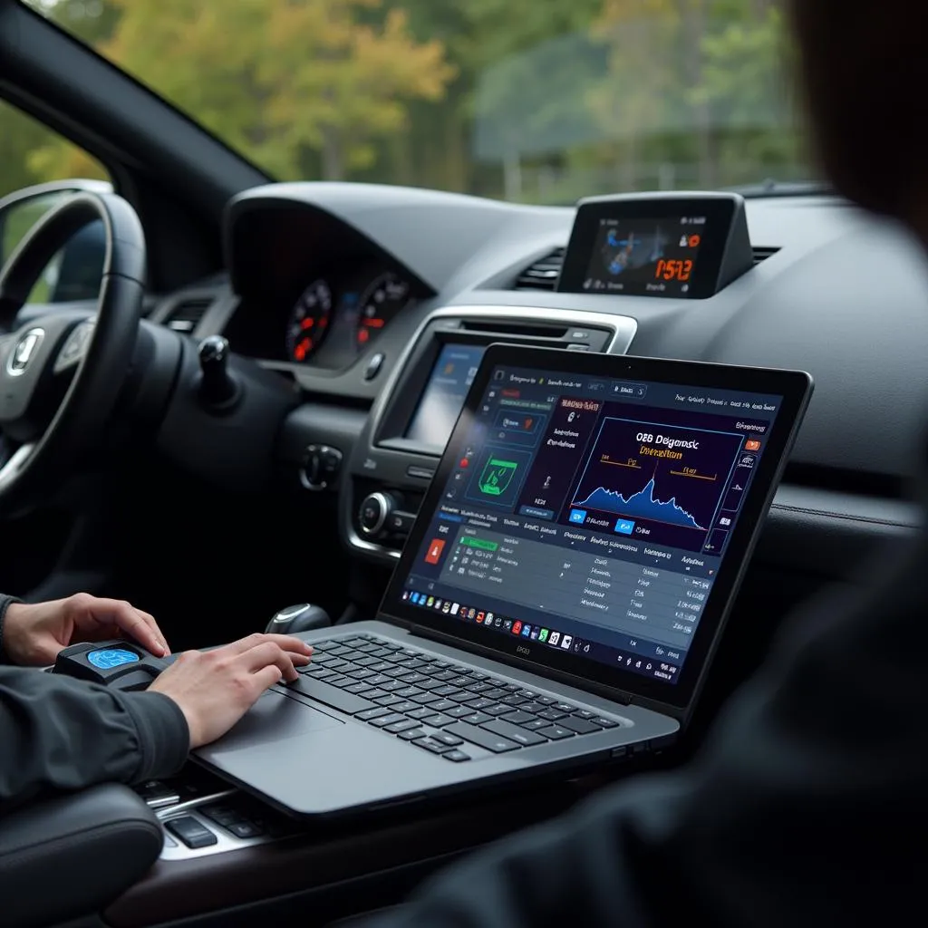 Laptop Connected to Car OBD2 Port