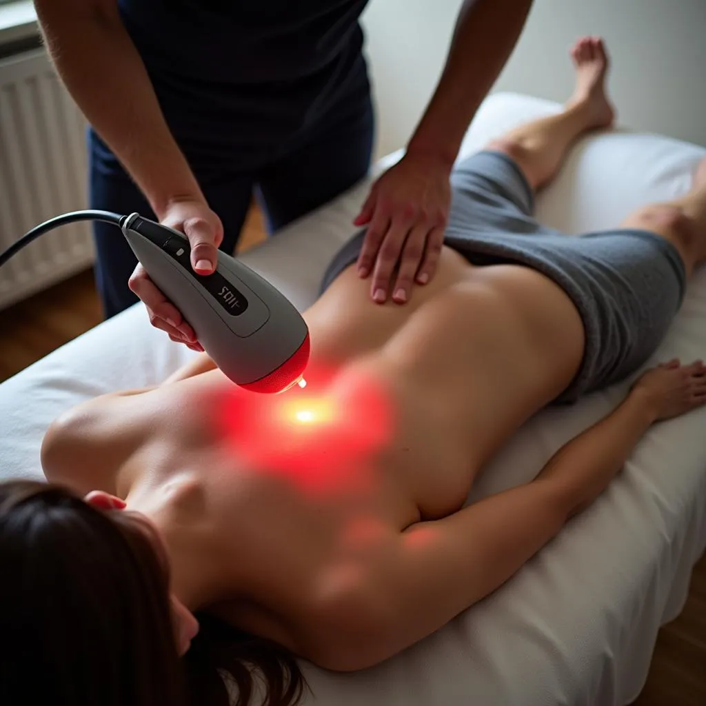 Chiropractor using laser therapy device on patient's back