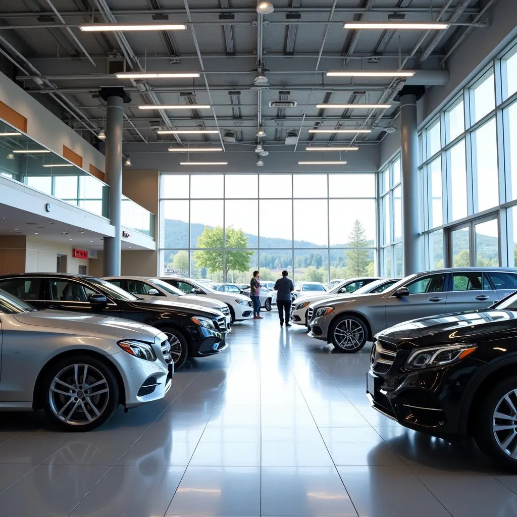 Modern car dealership showroom with a wide selection of vehicles