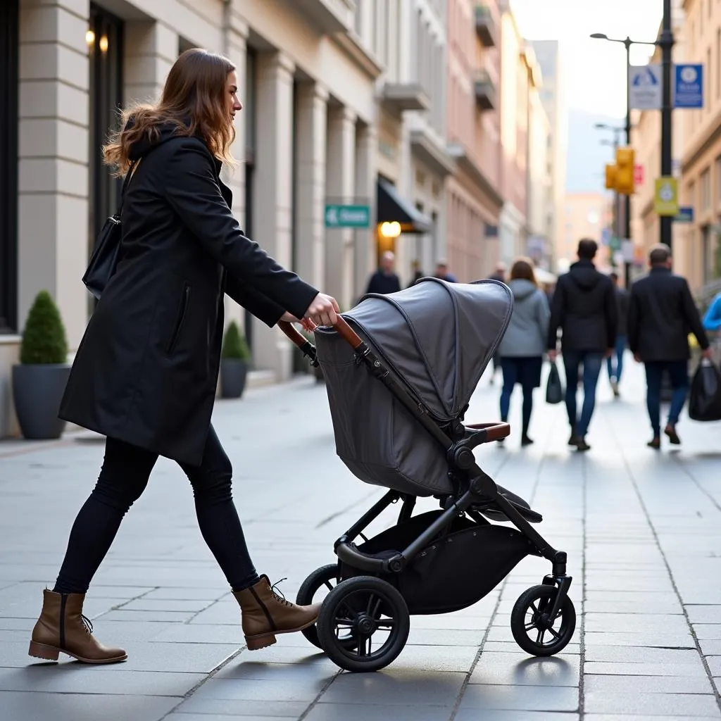 Lightweight stroller navigating a crowded city street