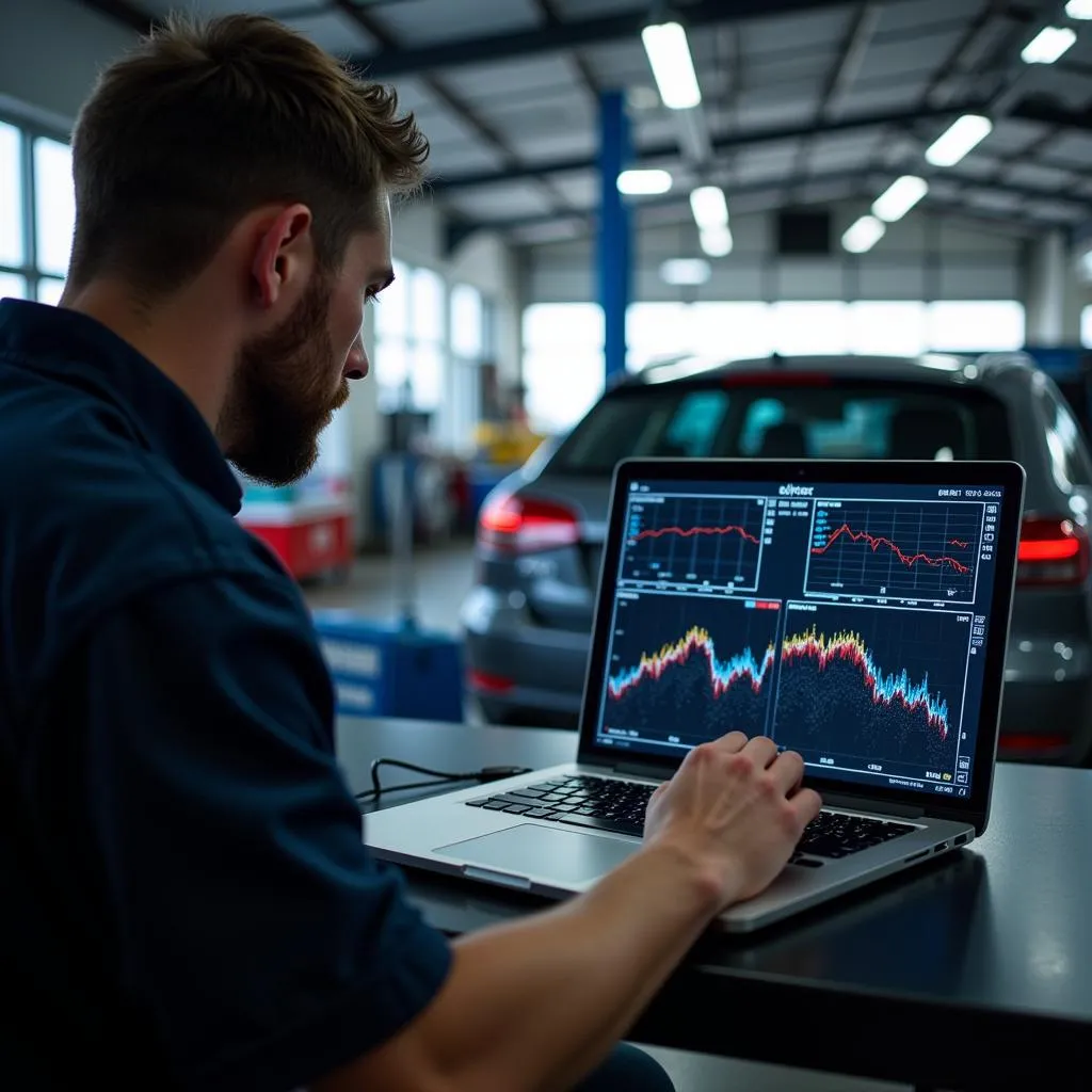 Mechanic studying car diagnostic data on a laptop