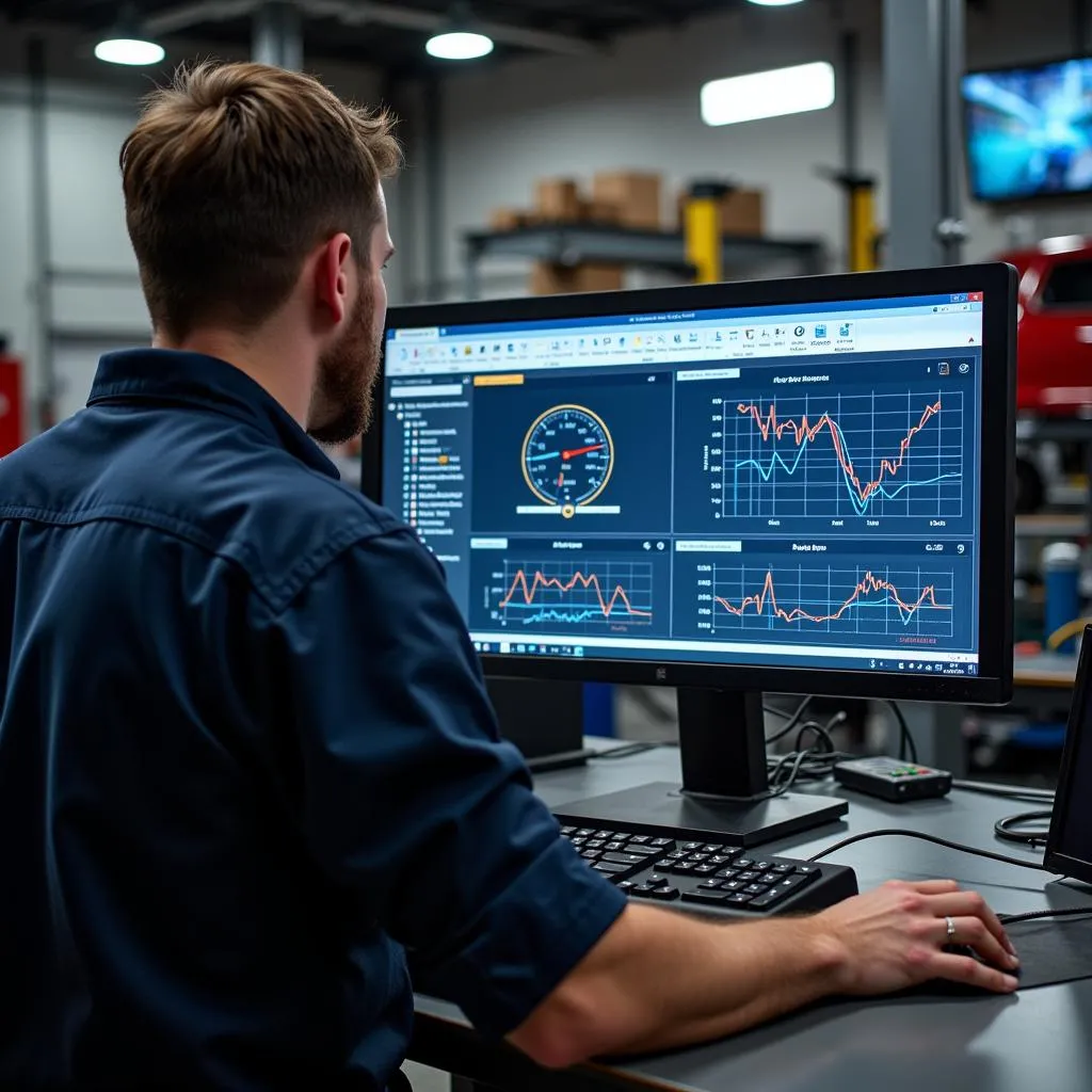 Mechanic analyzing car data on a computer screen.