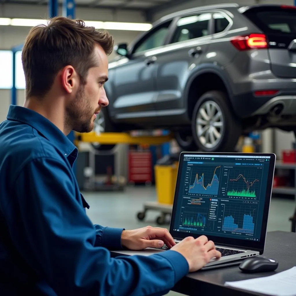 Mechanic Analyzing Data on Laptop