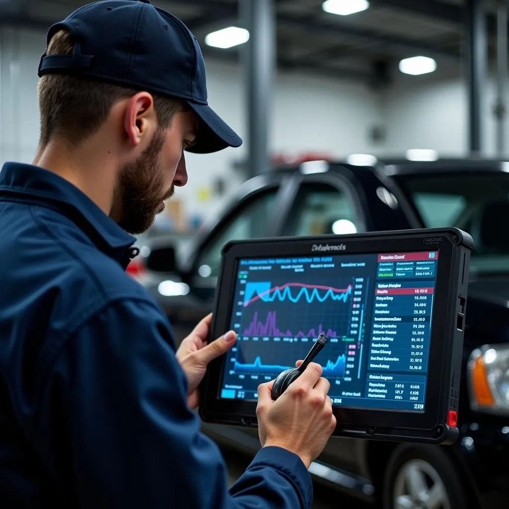 Mechanic Analyzing Data on Scanner