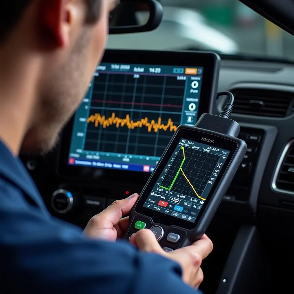 Mechanic Analyzing Real-Time Data on OBD Scanner